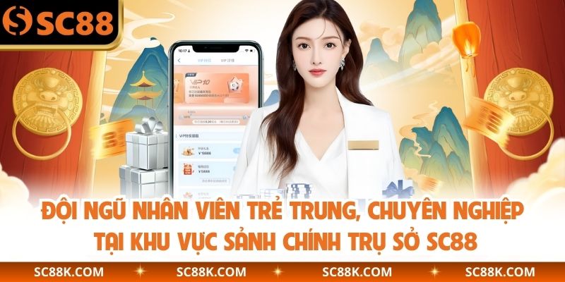 Đội ngũ nhân viên trẻ trung, chuyên nghiệp tại khu vực sảnh chính trụ sở SC88